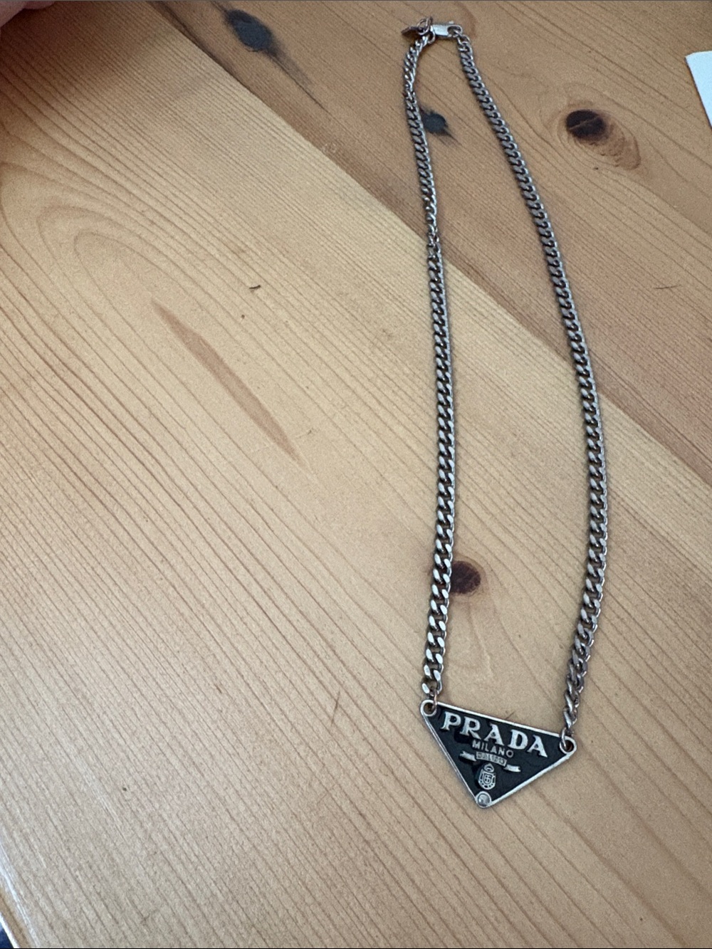 Prada Silver-Tone Triangle Logo Necklace